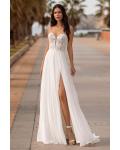  A-line Double Spaghetti Straps Sleeveless Lace Appliques Bodice Sweep/Brush Train Long Wedding Dresses with Pleated Chiffon Skirt