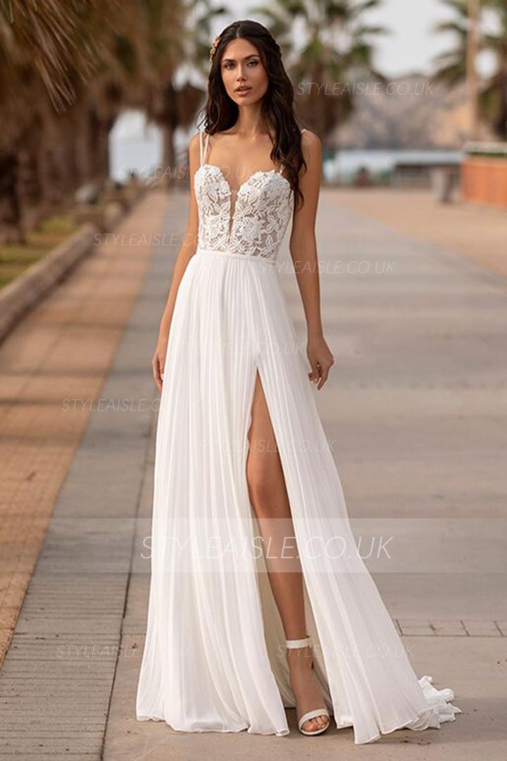  A-line Double Spaghetti Straps Sleeveless Lace Appliques Bodice Sweep/Brush Train Long Wedding Dresses with Pleated Chiffon Skirt