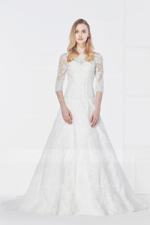 Vintage Sequins Inspired A-line Lace overlay Tulle Ivory Wedding Dress with 3/4 Long Sleeves