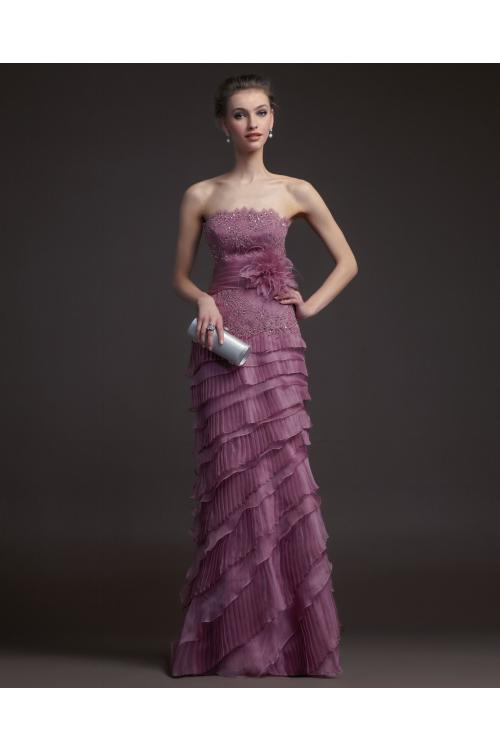 Charming Sheath/Column Strapless Beading&Sequins Lace Cascading Ruffles Floor-length Organza Prom Dresses 
