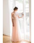 Strapless Sweetheart Pleated Lace Top Blush Tulle Bridesmaid Dress with Ribbon 
