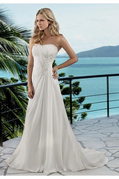 Elegant Strapless Ivory Empire Long Chiffon Wedding Dress Lace Appliques
