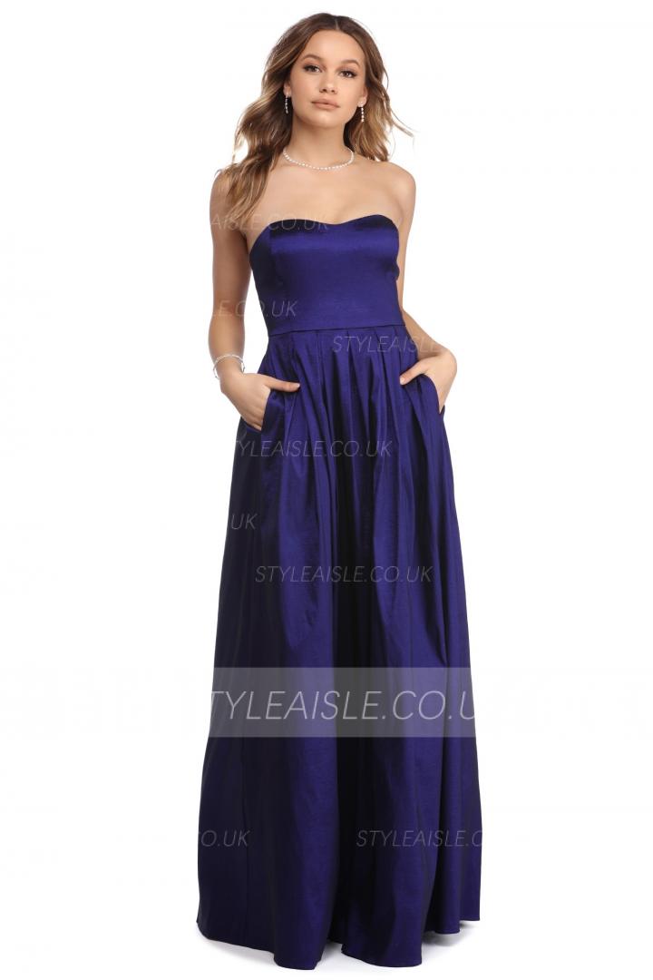 Strapless Sweetheart Long Royal Blue Satin Prom Dress with Pockets