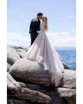 Pale Pink Color Long Sleeves Floral Lace overlay Tulle Beach Wedding Dress 