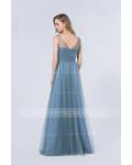 Popular Illusion Neck Sleeveless A-line Ink BlueTulle Bridesmaid Dress 