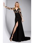 Long Illusion See-through Lace Top A-line Split Black Chiffon Prom Dress
