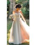 Illusion Back Lace Top Long Tulle Rustic Wedding Dress with Ribbon 