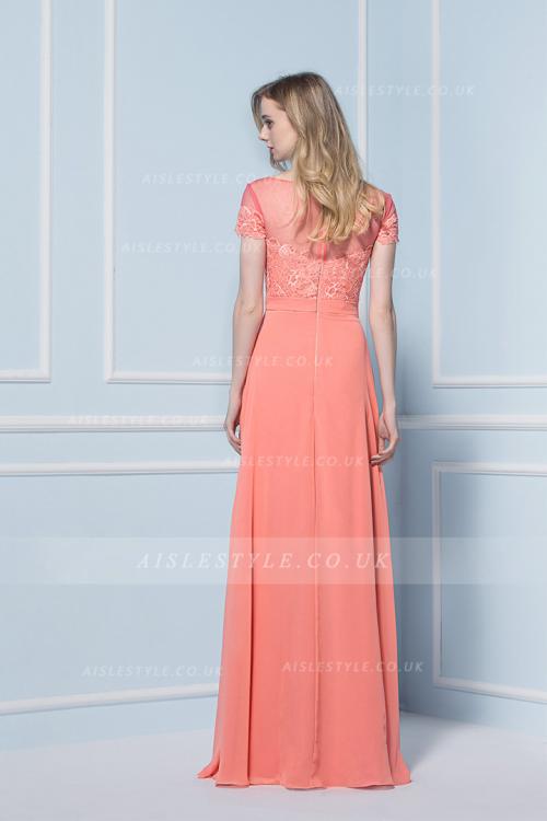 Vintage Inspireds A-line Bateau Short Sleeve Lace Floor-length Long Chiffon Bridesmaid Dress
