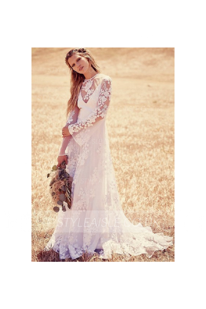 Vintage Inspired Boho Long Sleeve Lace Wedding Dress with Sash 