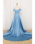  Ball Gown Off-the-shoulder Short Sleeve Ruching Court Train Long Satin Prom Dresses