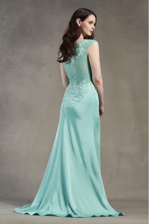 Sleeveless Illusion Neck Lace Appliques Sheath Long Satin Chiffon Prom Dress 