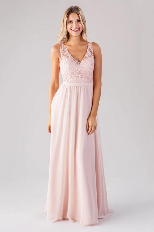 A-line Blush V-neck Sleeveless Lace Pockets Floor-length Long Chiffon Bridesmaid Dresses
