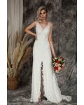 Elegant Ivory V-neck Sleeveless Lace Buttons Split Sweep Train Long Wedding Dresses with V Back 