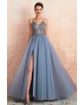  A-line V-neck Sleeveless Beading Split Floor-length Long Tulle Prom Dress