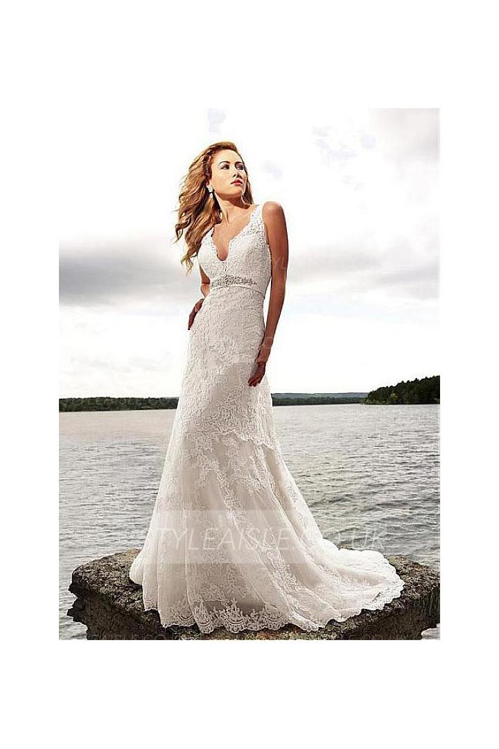 Lace Sleeveless A-line Empire Beach Wedding Dress with Beading 