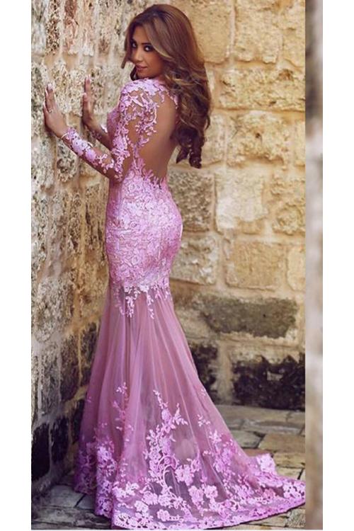 Delicate Lace Appliqued Long Sleeved Mermaid Tulle Lace Covered Long Prom Dress 