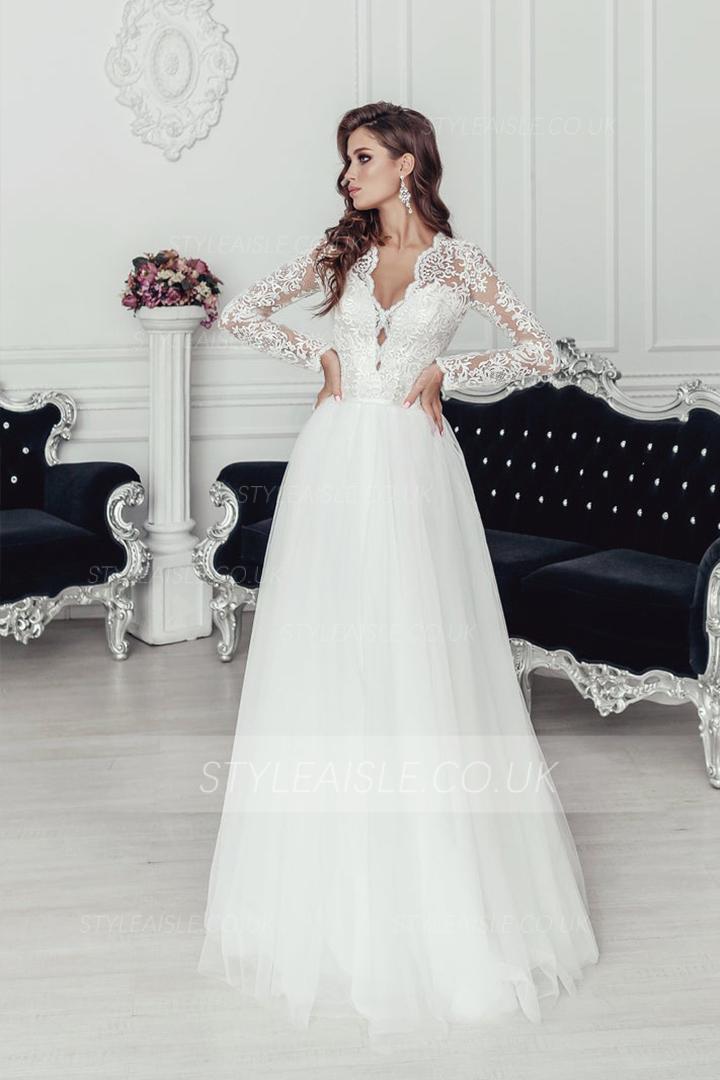 Classic V-neck Long Illusion Sleeve Lace Top Floor-length A-line Long Tulle Wedding Dresses with Buttons Back
