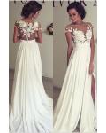 Chic Boho Lace Appliques A-line Long White Chiffon Wedding Dress 