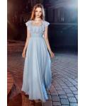  A-line Bateau Neckline Cap Sleeves Lace Ruffles Top Floor-length Long Chiffon Prom Dresses with Pearl Buttons