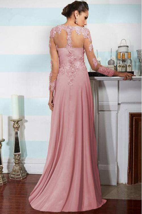 HOt Sale Long Sleeved Beaded A-line Split Chiffon Long Prom Dress 