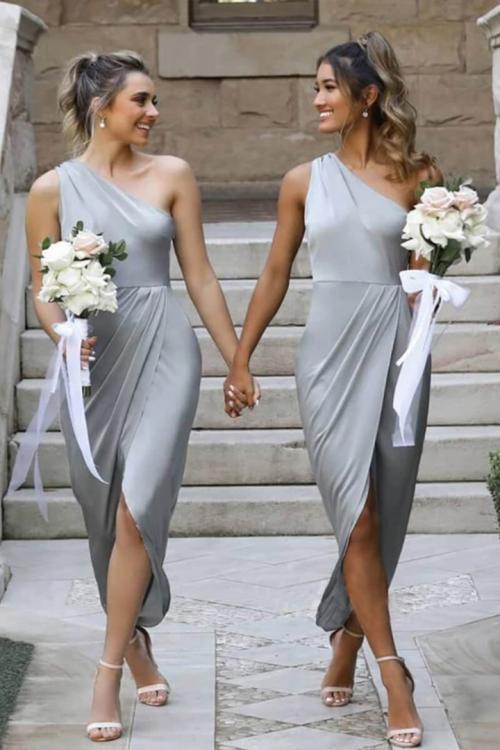 Simple Sheath/Column One Shoulder Sleeveless Ruching High Low Dusty Blue Long Stretch Satin Bridesmaid Dress