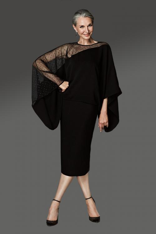  Sheath/Column Jewel Neckline Long Sleeves Beading Tea-length Short Cocktail Dresses with One Illusion Shoulder