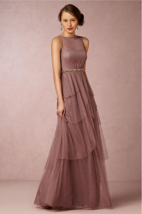 Sleeveless Illusion Bateau Neck A-line Tiered Tulle Bridesmaid Dress with Crystal Ribbon 