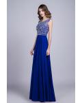 Royal Blue Scoop Neck Sleeveless Beading Floor length Long Chiffon Prom Dress with A V-back