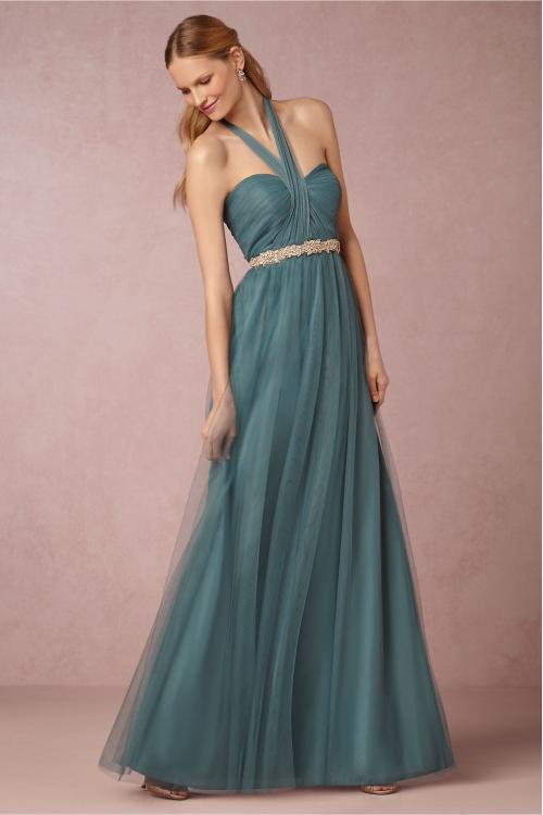 Hater Neck Emerald Green Tulle Pleated Vintage Bridesmaid Dress with Crystal Band 