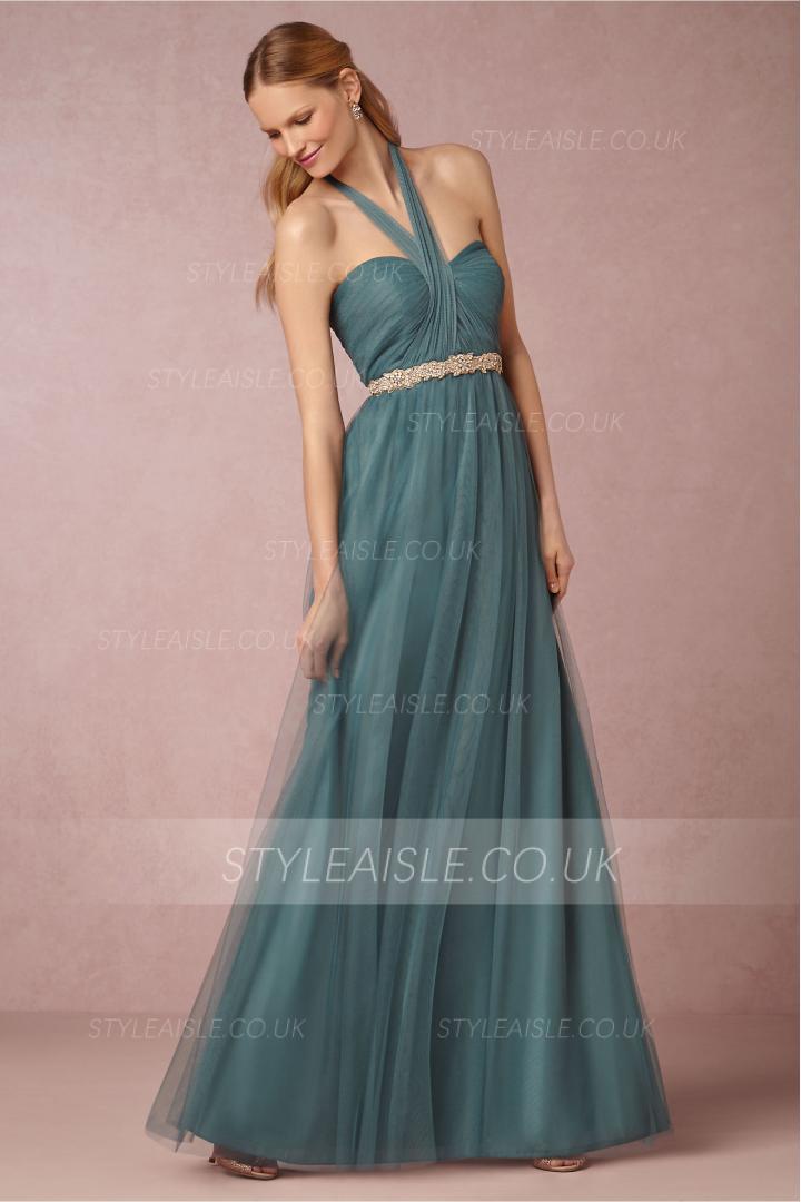 Hater Neck Emerald Green Tulle Pleated Vintage Bridesmaid Dress with Crystal Band 