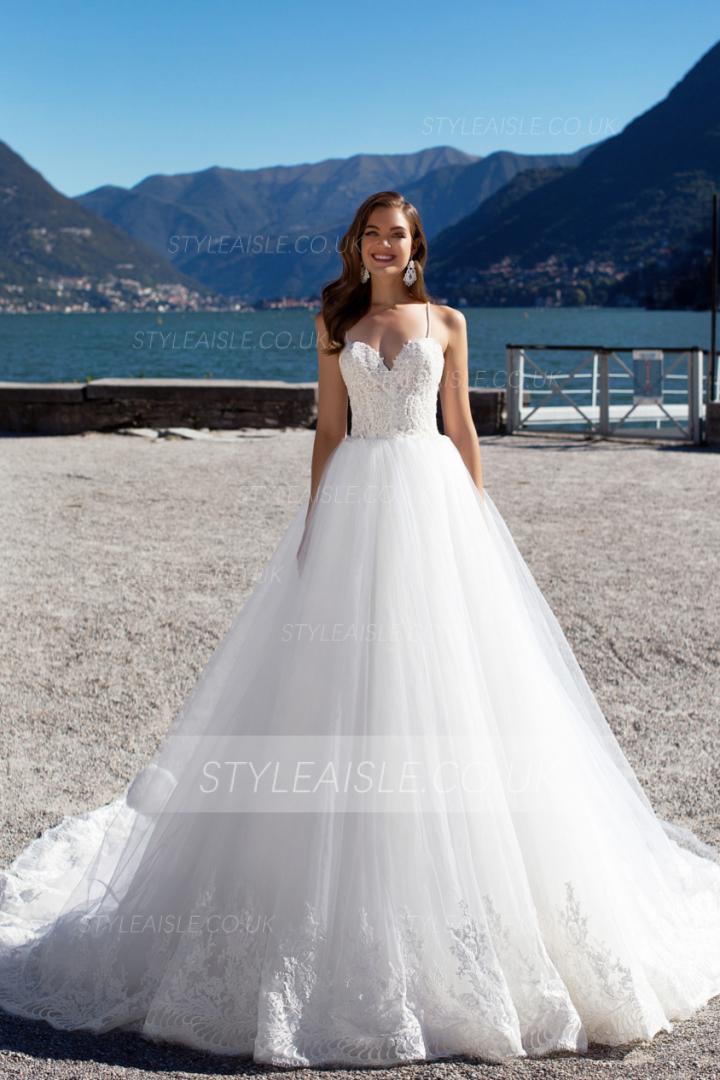 Spaghetti Straps Long Princess White Tulle Wedding Dress