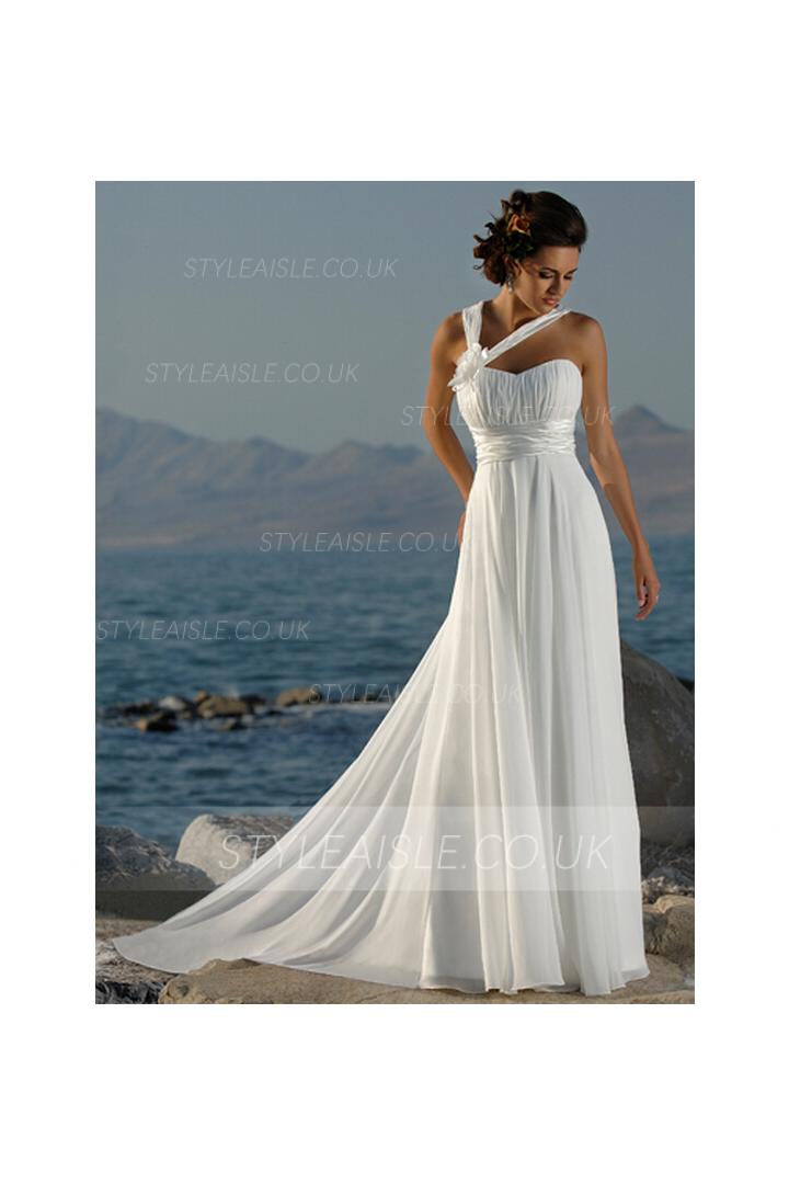 Empire Shoulder Straps Ruched Long A-line Chiffon Beach Wedding Dress with Ribbon 