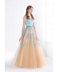 Ball Gown Sweetheart Lace Appliques Long Champagne Tulle Prom Dress with Ribbon