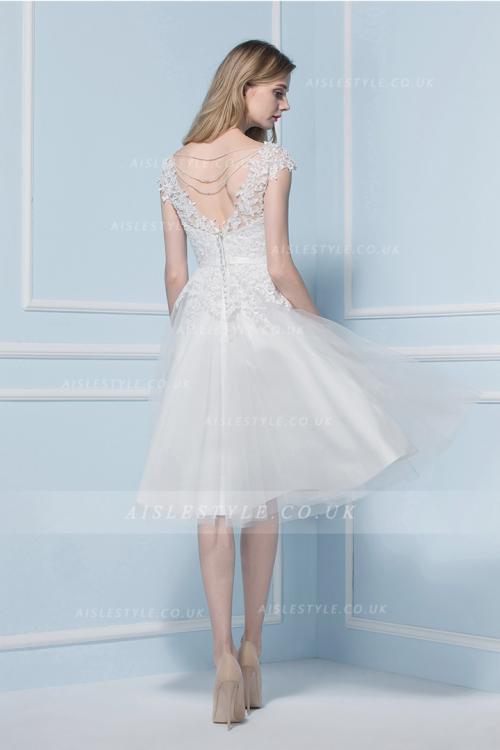 V Neck Lace Bodice Tea Length A-line Lace Bodice Short Tulle Wedding Dress with Sequinned Back 