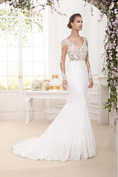 Sophisticate Lace Top Long Trumpet Chiffon Wedding Dress with Long Sleeves