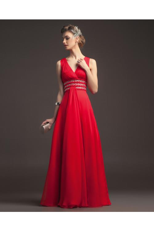 Charming A-line Straps V-neck Beading&Crystal Ruching Floor-length Chiffon Prom Dresses