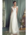  A-line Bateau Neck Cap Sleeves Appliques Ruching Floor-length Long Tulle Prom Dress