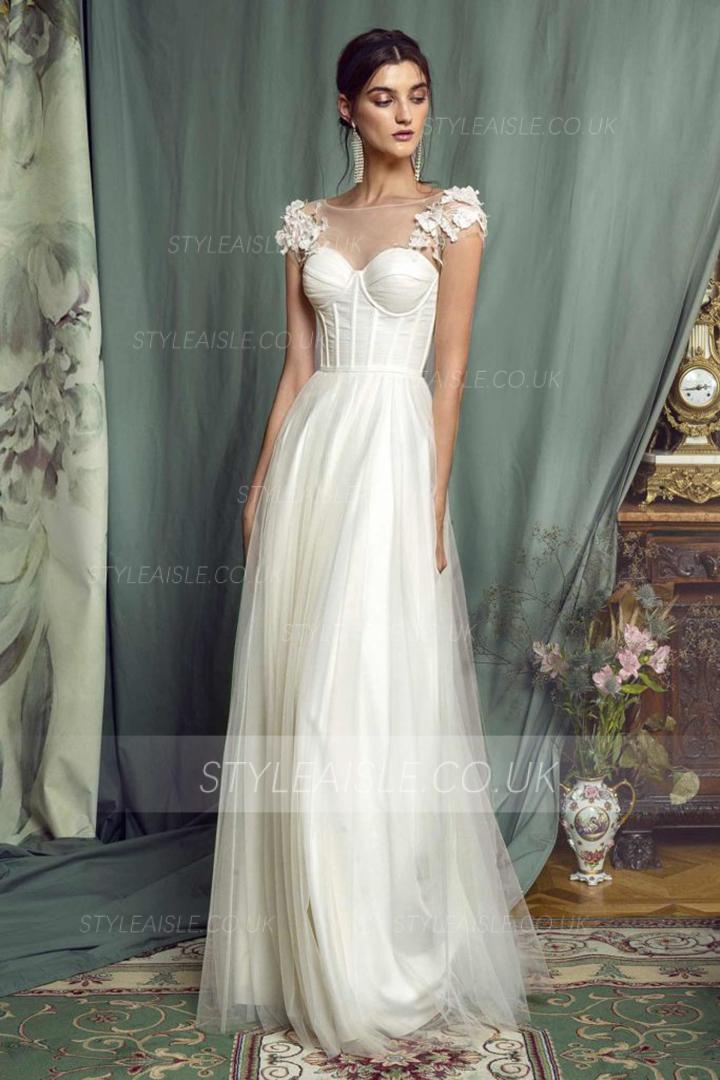  A-line Bateau Neck Cap Sleeves Appliques Ruching Floor-length Long Tulle Prom Dress