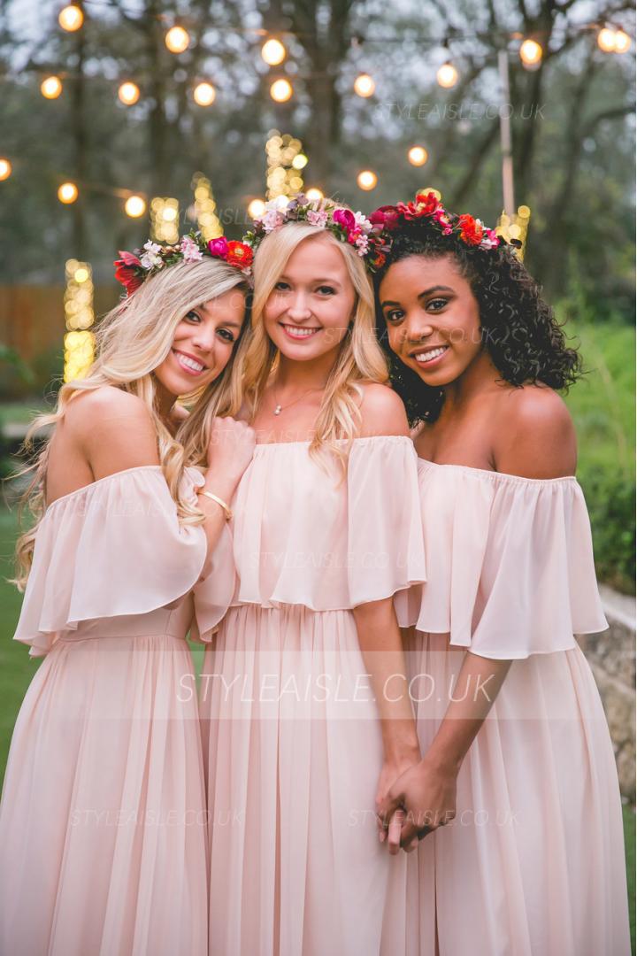 Simple Off Shoulder Blush Pink Long Bridesmaid Dress