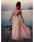 Sparkle Beaded Bodice Long Sleeved Column Chiffon Prom Dress 