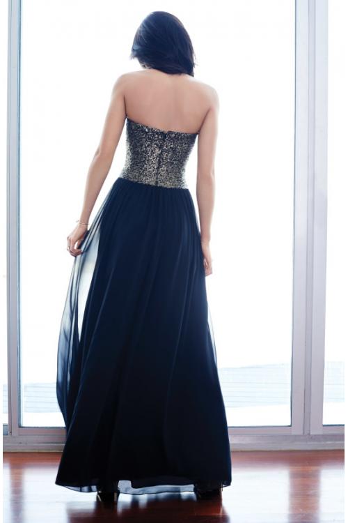 Sparkly Sequins Long A-line Navy Blue Chiffon Prom Dress