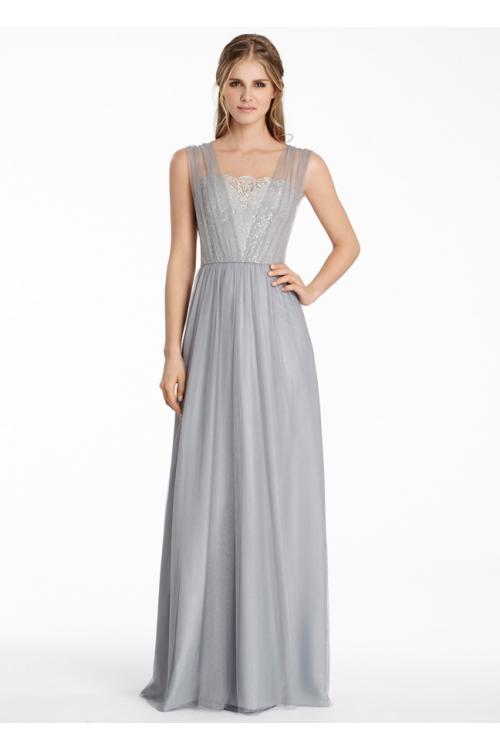 Illusion Shoulder Lace Bodice Long Tulle Bridesmaid Dress 