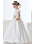 Jewel Neck Short Sleeve A-line Organza Long First Communion Dress with Flower 