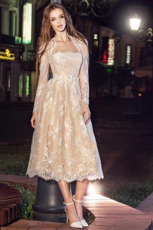  A-line Strapless Sleeveless Lace Hand Made Flowers Tea-length Short Prom Dresses