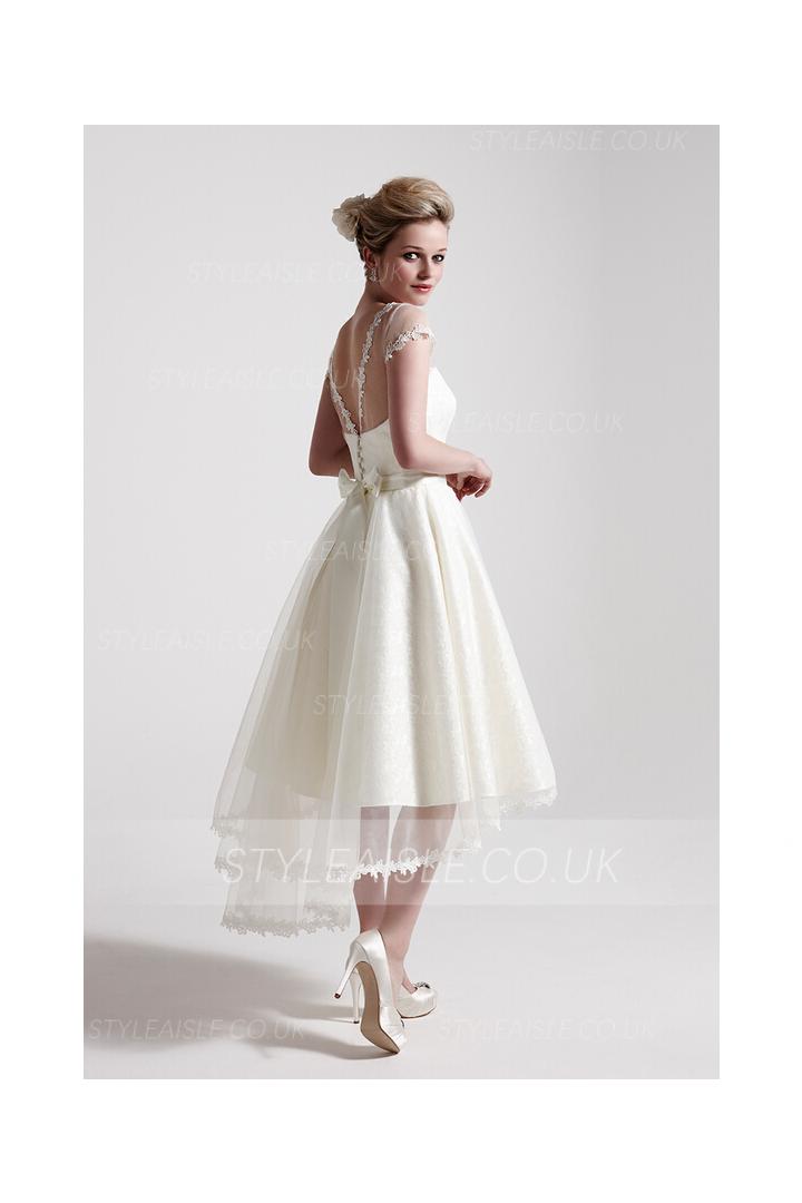 Bateau Neck Short Sleeved Tea Length Lace Wedding Dress with Short Sleeves 