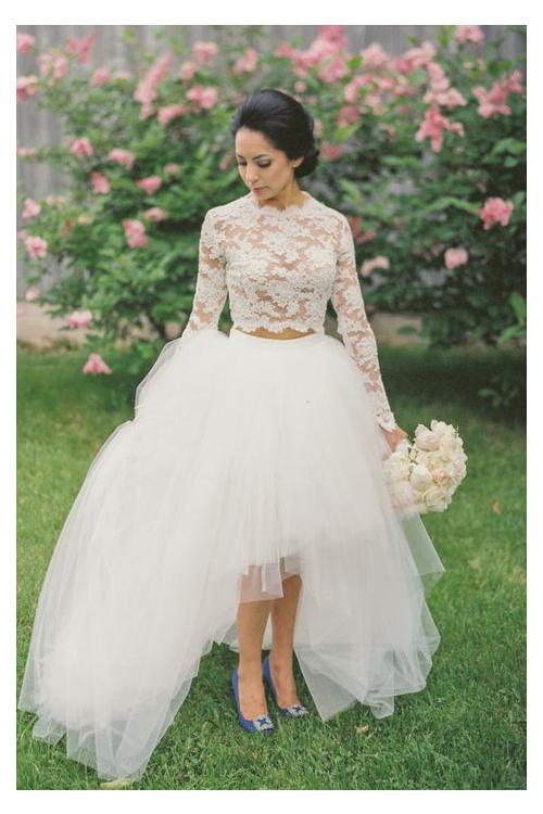 Two Piece Lace Long Sleeve Ball Gown Tulle High Low Wedding Dress 