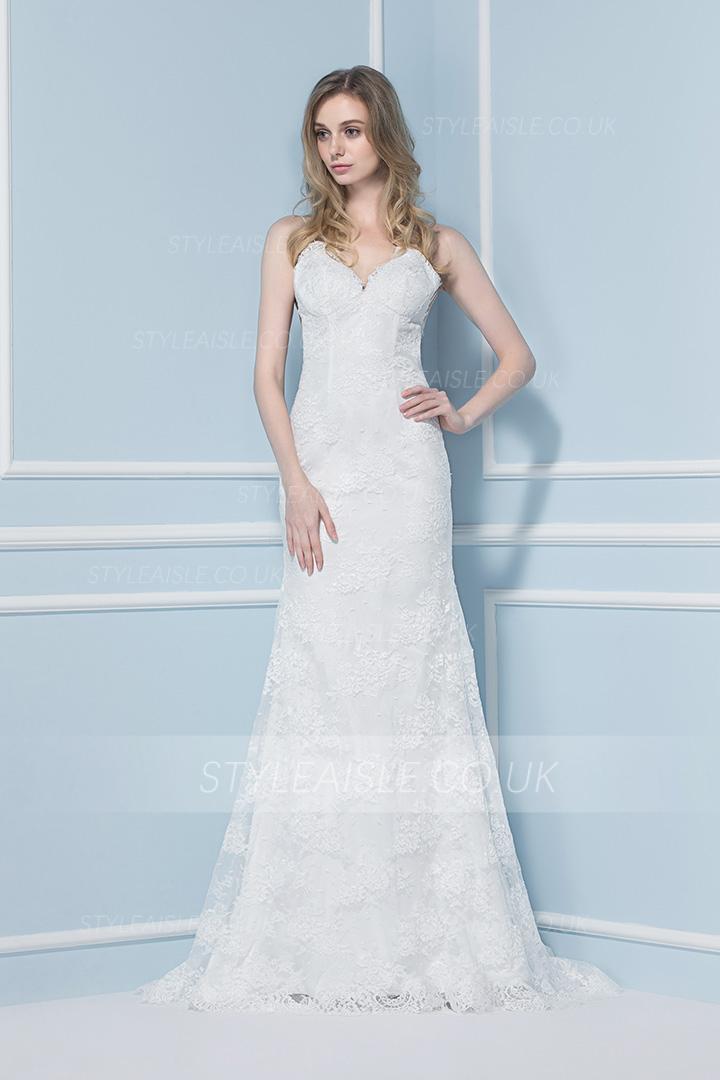 Spaghetti Straps Exquisite Sheath Lace Backless Wedding Dress 