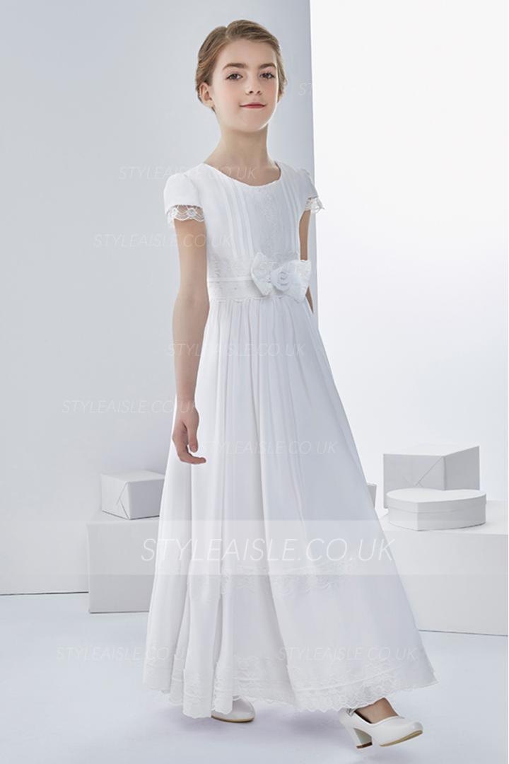 Scoop Neck A-line Long Chiffon First Communion Dress with Bow 