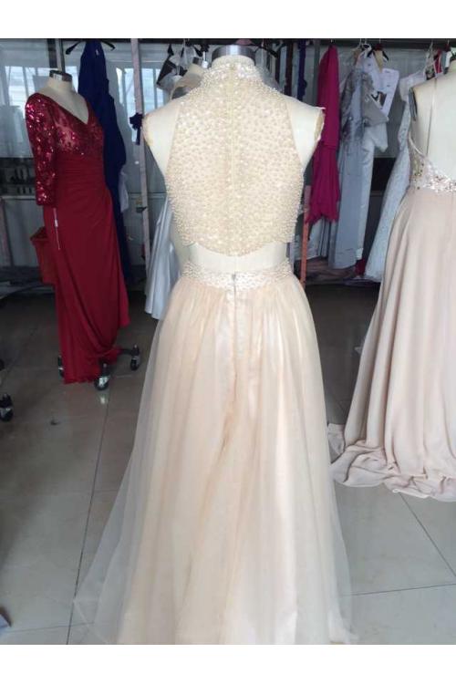 Two Piece High Neck Sparkling Long Blush Tulle Beaded Prom Dress 