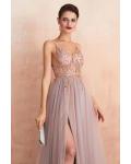  A-line V-neck Sleeveless Beading Split Floor-length Long Tulle Prom Dress